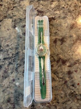 Swatch Green Gingham Strap Watch with Red Second Hand